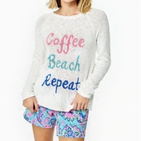 Lilly Pulitzer Danette Sweater Coffee Beach Repeat Resort White size Small - Picture 1 of 8